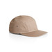 A tan five-panel cap featuring eyelets for ventilation and a curved brim, with a logo on the side.