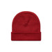 A red cuff beanie with a folded brim and a smooth texture. It features a branding logo.