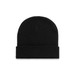 A black Cuff Beanie with a folded brim, featuring a logo on the front.