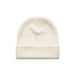 A cream-coloured cuff beanie featuring a folded brim and a simple design. It has a logo.