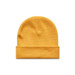 A yellow cuff beanie made of knitted fabric, featuring a folded brim and a logo.