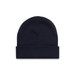 A dark navy cuff beanie with a simple design and a rolled hem. The beanie has a logo on it.