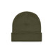 An olive green cuff beanie with a ribbed texture, featuring a folded brim. It includes a logo on the side.
