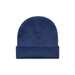 A navy blue cuff beanie featuring a ribbed texture and a folded brim. It includes a logo.