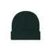 A dark green cuff beanie with a simple, textured design and a folded hem. It features a logo.