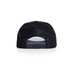 A black trucker cap with a mesh back and an adjustable strap, featuring a logo on the back.