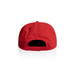 A red cap featuring an adjustable strap at the back and a branded logo.