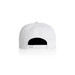 A white cap with a flat brim and adjustable strap at the back, featuring a logo.