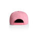 A pink cap with a snapback closure and a plain design, featuring a logo on the back.