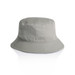A grey bucket hat with a wide brim and a single ventilation hole, featuring a logo on the side.