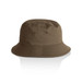 A brown bucket hat with a wide brim, featuring two ventilation holes on the sides. It has a simple design.