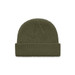 A green knitted beanie with a folded cuff and a textured pattern, featuring a logo on the side.