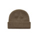 A brown knitted beanie with a folded cuff and a textured design, featuring a logo.