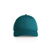 A teal cap with a curved brim, featuring a central panel and a logo on the front.