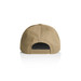 A khaki cap featuring a flat back and an adjustable strap. It has a logo on the back.
