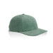 A green corduroy cap with a structured design and a rounded brim, featuring a logo.