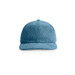 A blue corduroy cap with a rounded crown and a curved brim, featuring a logo on the front.