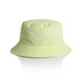 A lime green nylon bucket hat with a flexible brim and a logo on the side.