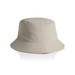 A beige nylon bucket hat with a wide brim and a logo on the side.