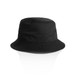A black bucket hat with a wide brim, featuring a simple design and an unobtrusive logo.