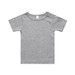 A grey infant t-shirt with short sleeves and a button detail on the shoulder, featuring a branding logo.