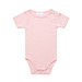 A pink organic infant one-piece with short sleeves and snap closures at the shoulder and bottom.