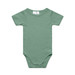 A green organic infant one-piece with short sleeves and snap closures at the bottom. It has a small logo.