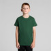 A young model is wearing a plain green youth staple tee, with short sleeves and a crew neck.