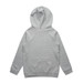 A grey hoodie featuring a kangaroo pocket and a hood, showcasing a plain back design. It includes a logo.