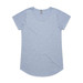 A light blue women's t-shirt with short sleeves and a curved hem. It features a brand logo on the tag.