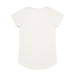 A plain white t-shirt with a rounded hem and short sleeves, featuring a logo on the back.