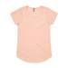 A soft peach-coloured T-shirt with a scoop neckline and short sleeves. It features a logo on the label.