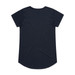 A dark navy blue T-shirt with short sleeves and a rounded hem, featuring a logo.
