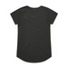 A black t-shirt with short sleeves and a rounded hem, featuring minimal design and a branding logo.