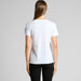 A white t-shirt with a fitted style, featuring short sleeves and a simple design, shown from the back.