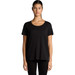 A black t-shirt features a scoop neckline and short sleeves, displayed on a model. It has a logo on the front.
