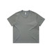 A grey boxy tee with a round neckline and short sleeves. The product has a branding logo.
