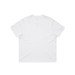 A plain white t-shirt with a relaxed fit, featuring a logo on the label.