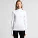 A model wearing a fitted white turtleneck jumper with long sleeves, set against a plain background.