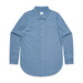 A blue denim button-up shirt featuring a classic collar and long sleeves, with a logo on the label.