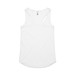 A white racerback singlet featuring a smooth fabric and a rounded hem, with a logo at the neckline.