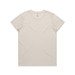 A plain beige t-shirt with a crew neckline and short sleeves, featuring a branding label.