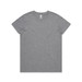 A grey basic t-shirt with a round neckline and short sleeves, featuring a logo tag.