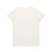 A plain white T-shirt featuring a round neck and short sleeves, with a logo on the back.