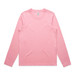 A long-sleeved, pink T-shirt with a round neckline and a logo on the label.