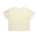 A cropped t-shirt in a soft cream colour, featuring short sleeves and a simple design. It has a logo.