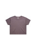 A grey cropped t-shirt with short sleeves and a round neckline, featuring a subtle logo.