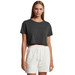 A cropped t-shirt in dark grey, paired with light-coloured shorts, featuring a simple design and a logo.