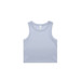 A light blue ribbed crop tank top with wide straps and a simple design. It has a logo on the label.