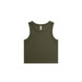 An olive green ribbed crop tank top with a classic sleeveless design and a branding logo.